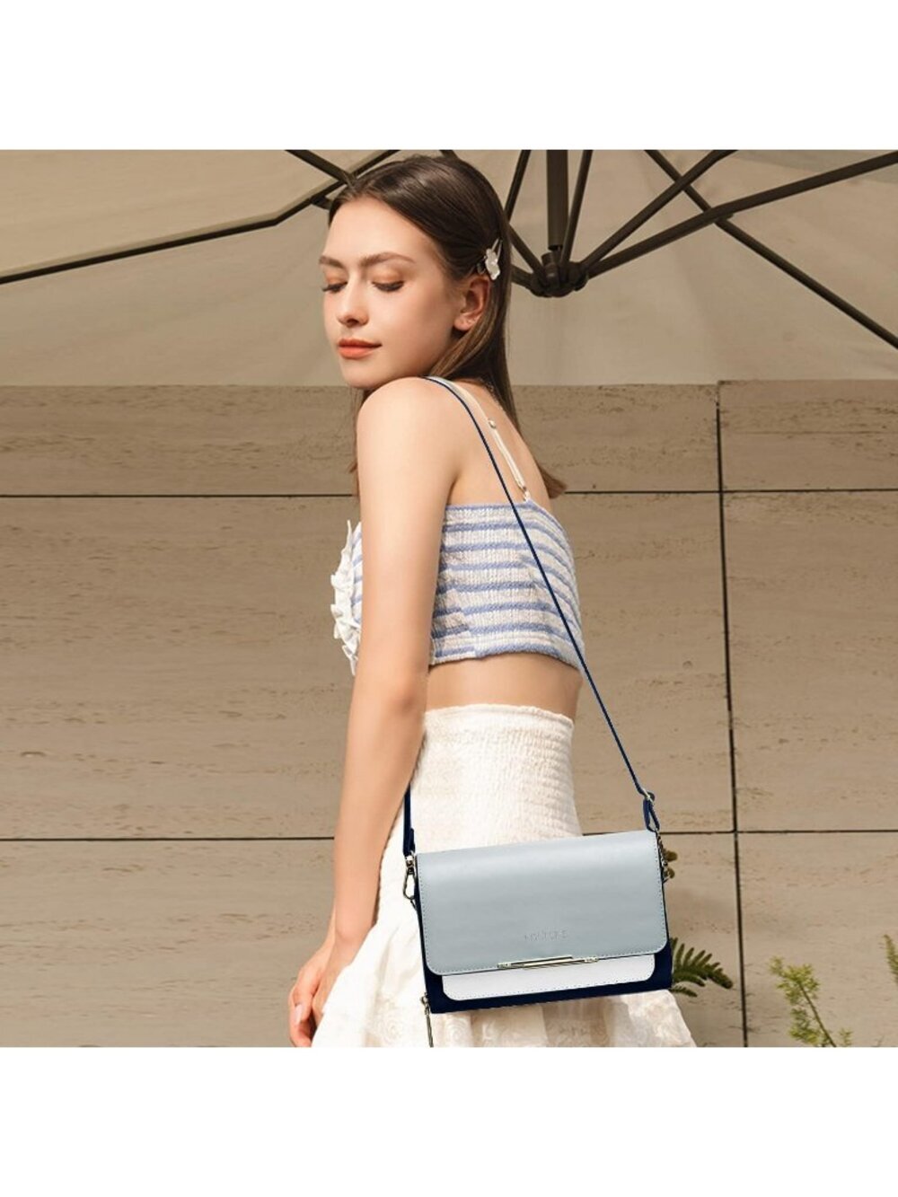 Women's Navy/Light Blue Leather Crossbody Bag Cell Phone Wallet Shoulder Purse - Picture 3 of 6